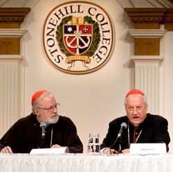 Cardinal Franc Rode, Prefect of the Congregation for Institutes of  Consecrated Life and Societies of Apostolic Life answers a question from the audience during Religious Life Symposium held Sept. 27, 2008 at Stonehill College in North Easton, Mass.    Cardinal Sean P. O&rsquo;Malley translated for Cardinal Rose during the question and answer session.<br /><br />
Pilot photo/ Gregory L. Tracy</p><br />
<p>
