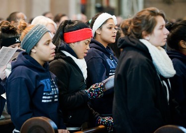 Cardinal Seán P. O'Malley gathers with the various Boston groups taking part in the 2014 March for Life at a morning Mass at the Shrine of the Sacred Heart in Washington, D.C. Jan. 22, 2014.  (Pilot photo by Gregory L. Tracy)