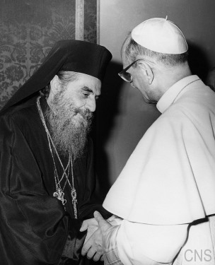 POPE PAUL VI GREETS ORTHODOX PATRIARCH DURING 1964 HOLY LAND TRIP